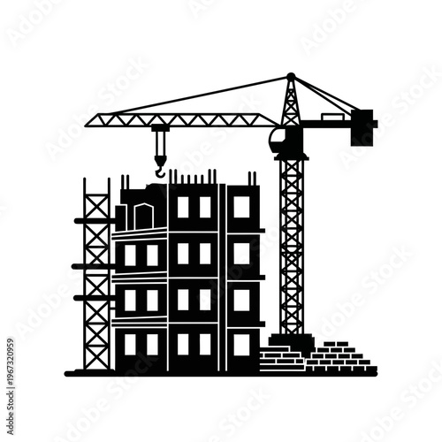 Construction site with a tall crane building a multistory structure.