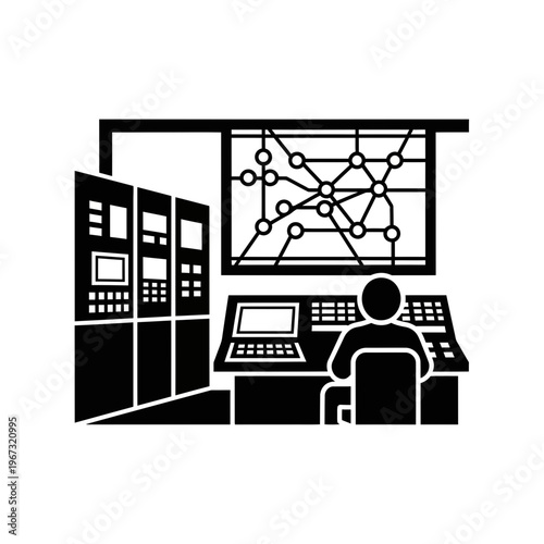 Control room operator monitoring network systems and data analysis.
