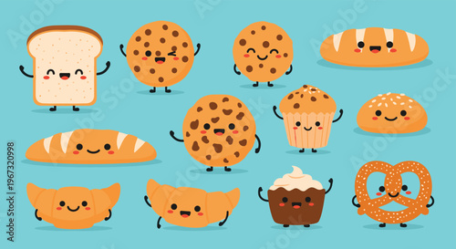 Big set of adorable cartoon characters representing various baked goods like bread, cookies, muffins, pretzels, and croissants with happy faces.