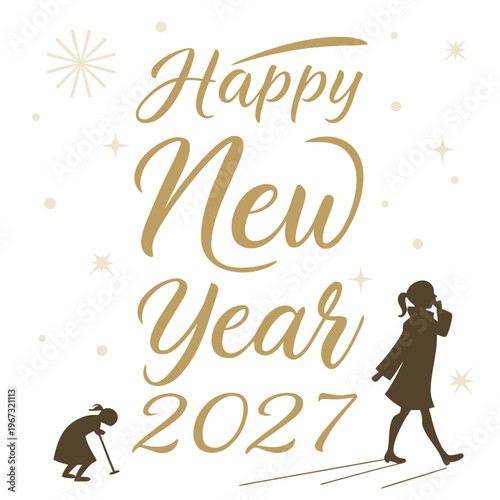 Happy new year 2027 gold text with silhouettes