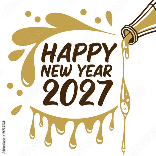 Happy new year 2027 gold champagne bottle splashing paint