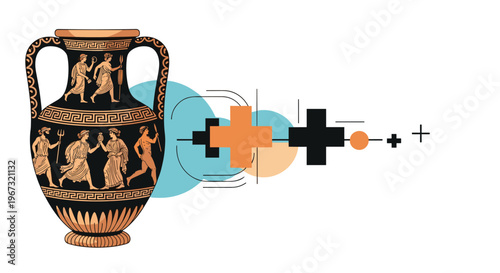 Ancient Greek black-figure vase featuring mythological scenes combined with modern abstract geometric shapes and symbols for artistic contrast.