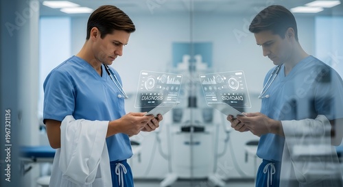 A doctor in an office is looking at a tablet displaying a generic AI diagnostic interface, a healthcare concept photography style.