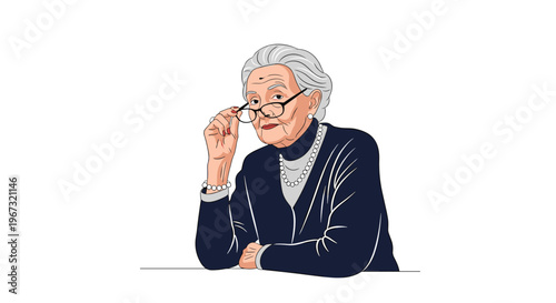 Dignified portrait of an elderly woman wearing glasses and a pearl necklace looking thoughtfully towards the viewer with wisdom and grace.