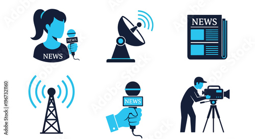 Flat Icons Set of Modern News Media and Broadcasting Tools - Glyph solid icon - Editable modern style icon - Clipart, sticker - icon set - Clipart