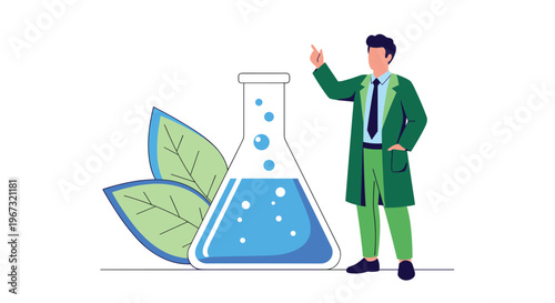 Male scientist in a green lab coat standing next to a large chemical flask with blue liquid and leaves representing biotechnology research.
