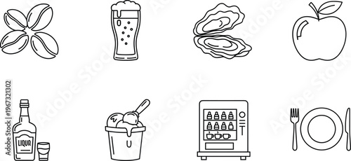 Set of food and drink line icons including coffee beans, beer, oysters, apple and kitchen elements, minimalist outline design collection