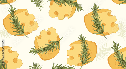 Seamless pattern featuring delicious slices of yellow Swiss cheese with holes and fresh green rosemary sprigs on a neutral background.