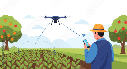 Modern farmer using a smartphone to control a high-tech drone for precision monitoring of crops in a lush agricultural field at sunset.