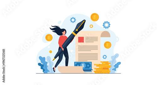 Creative woman holding a giant fountain pen to sign a large contract document surrounded by gold coins and floating gears of industry.