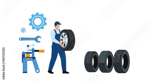Professional auto mechanic in blue overalls carrying a spare car tire next to equipment and additional wheels in a repair shop setting.
