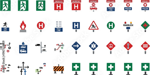 Emergency signs and symbols collection.