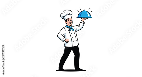 Cheerful and professional male chef in a white uniform and hat holding up a blue domed serving platter with confidence on a white background.