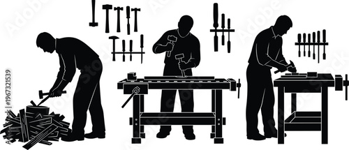 Silhouettes of carpenters working with tools and wood, workshop scene with sawing, drilling and hammering, woodworking craftsmanship and manual labor concept