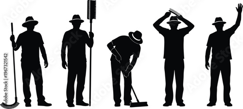 Silhouettes of janitors cleaning with tools, maintenance workers sweeping and mopping, professional cleaning service concept, sanitation and housekeeping staff set