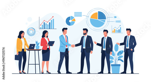 Group of professional business people gathered in an office as two leaders shake hands to seal a successful corporate partnership deal.