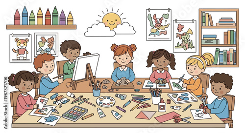 A diverse group of joyful young children enthusiastically participate in various creative art activities, including painting and drawing, around a large table.