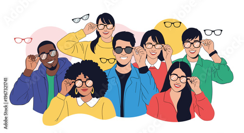 Diverse group of smiling men and women wearing various styles of eyeglasses and sunglasses to represent eye health and fashion choice.