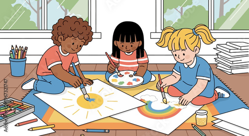 Diverse young children joyfully engage in a vibrant painting activity, creating colorful suns and rainbows with brushes and palettes, fostering creativity.