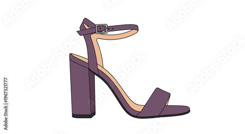 Elegant and stylish single purple high heel sandal with a thick block heel and a thin ankle strap on a white background.