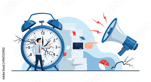 Stressed businessman standing next to a giant alarm clock while a loud megaphone and pointing hand represent work pressure and deadlines.