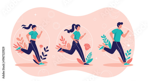 Sequence of diverse people running through a beautiful nature trail to promote daily exercise, physical fitness, and a healthy lifestyle.