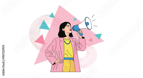 Confident professional woman wearing a pink jacket shouting into a blue megaphone to make a powerful announcement or call to action.