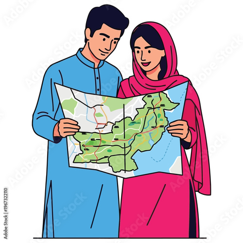 Young man and woman in traditional pakistani attire looking at geographic map of pakistan together for travel planning