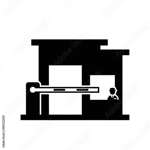 Security checkpoint with barrier arm and attendant for access control.