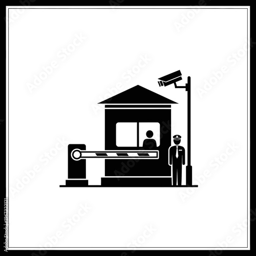 Security checkpoint with guard booth barrier and surveillance camera for access control.