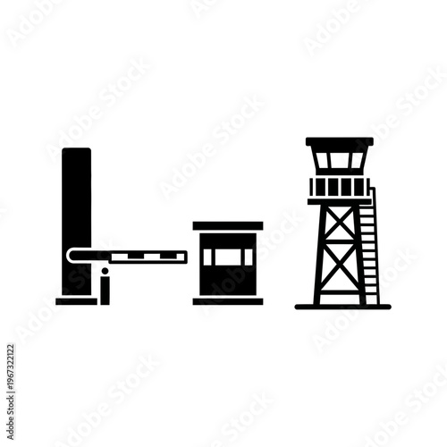 Security checkpoint with barrier guard booth and observation tower for access control.