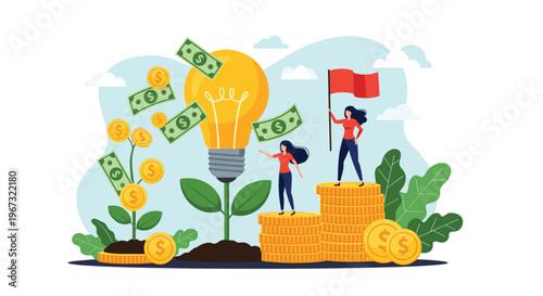 Business success and creative idea concept showing a team nurturing a lightbulb plant with money growth and strategy.