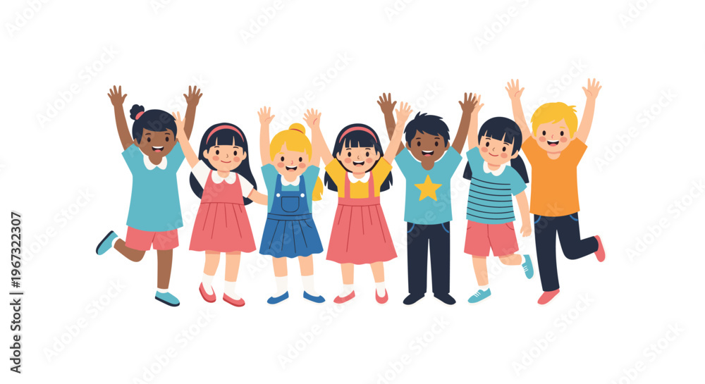 Fototapeta premium Group of diverse happy children standing together with their hands raised in the air celebrating joy and friendship.