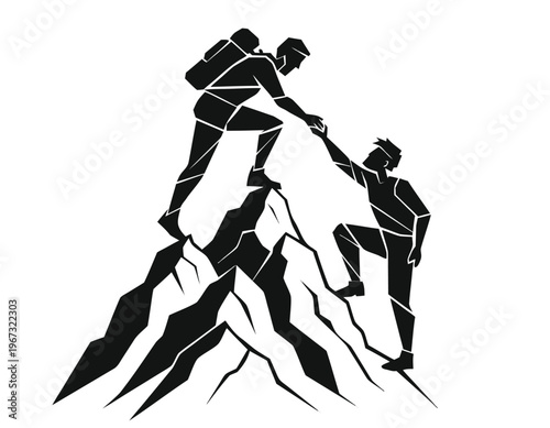 Mountain Climbers Helping Each Other Vector Illustration - Teamwork Adventure Silhouette of Two Men Climbing Rocky Peak Black Icon