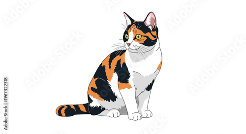 Beautiful calico cat with orange black and white fur patches sitting calmly and looking to the side on white background.