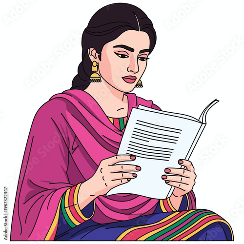 Pakistani woman in elegant purple and blue shalwar kameez reading a book or document with serious expression