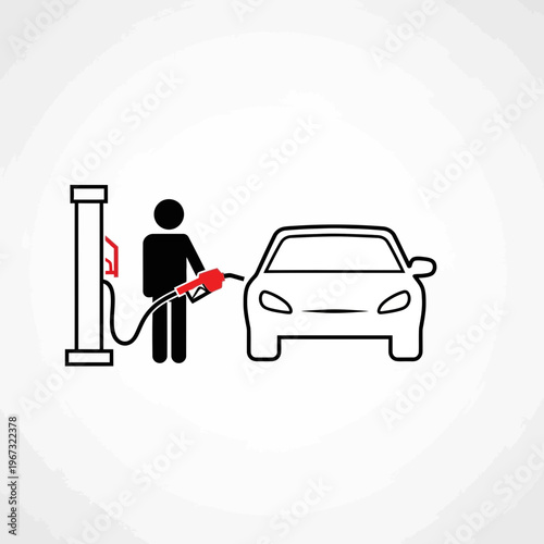 Person fueling a car at a gas station simple illustration black and white.
