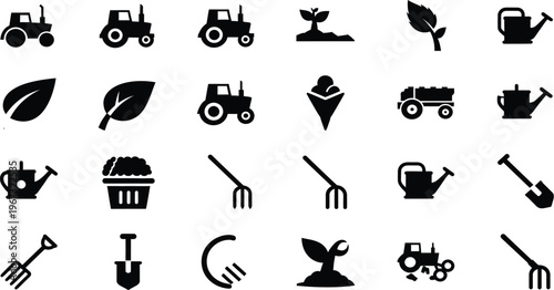 Set of farm and garden icons, featuring tractors, plants, watering cans, baskets, and farming tools