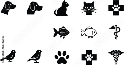 Clean graphic vector icon collection for veterinary care, featuring various animals, paw prints, and essential medical symbols