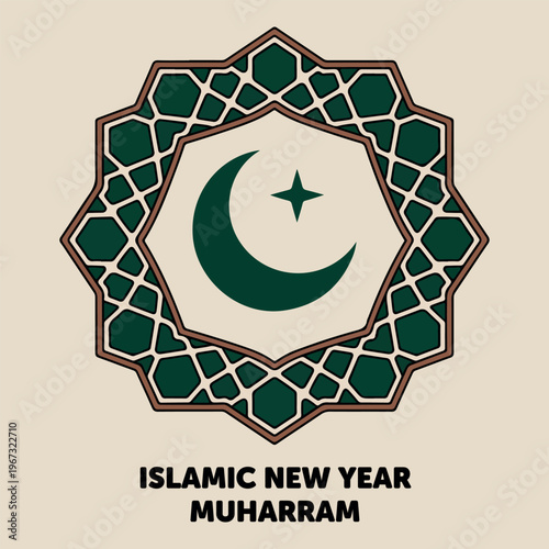 Islamic New Year Muharram greeting card with crescent moon and star