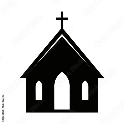Simple silhouette of a church building with a cross on top black and white.