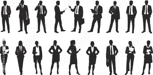 Black silhouette collection of professional business men and women in suits using phones and tablets standing in diverse poses isolated on white.