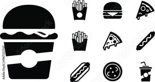 Collection of assorted fast food icons, including a burger, french fries, hot dog, pizza, and soda cup