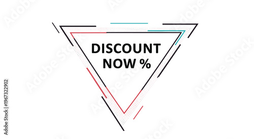 Modern geometric triangle frame design with bold black text announcing a discount now promotion on a clean white background.