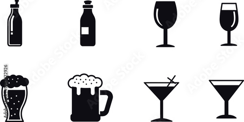 Collection of vector icons depicting various beverage containers and glassware for alcoholic and non-alcoholic drinks