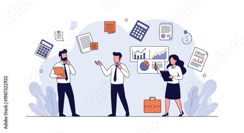 Group of accountants or financial experts analyzing diverse business data reports and calculators on a soft blue background.