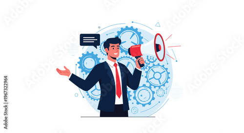 Businessman in a suit shouting into a megaphone to communicate an announcement with gears and cogs in the background.