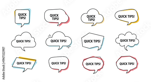 Collection of diverse speech bubble shapes containing quick tips text with colorful shadows for educational and helpful content.