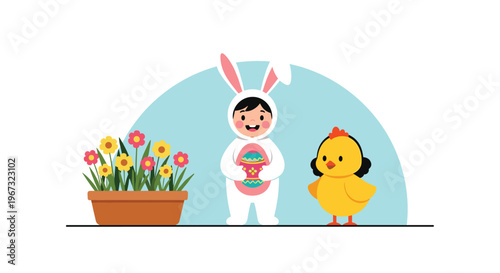 Happy child in a white bunny costume holding a large decorated easter egg while standing next to a yellow chick.