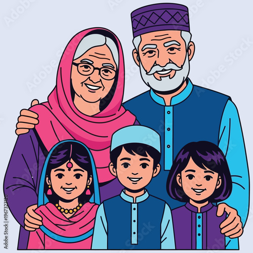 Happy multi-generational Indian family portrait, smiling grandparents with grandchildren, traditional attire